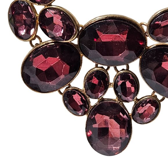 Elegant Large Faceted Red Gemstones Bib Necklace Gold Tone Chain Statement - Picture 2 of 6